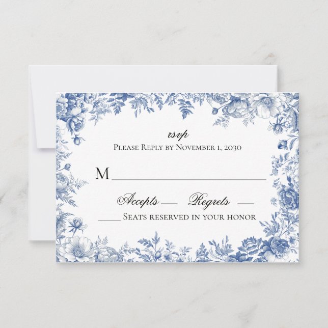 Vintage Blue and White Floral Wedding RSVP (Anverso)