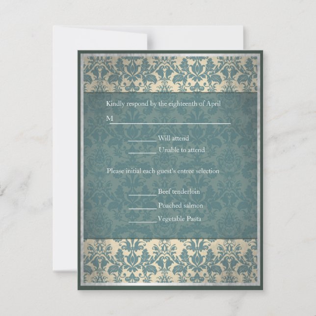 Vintage Blue Damask Wedding RSVP (Anverso)
