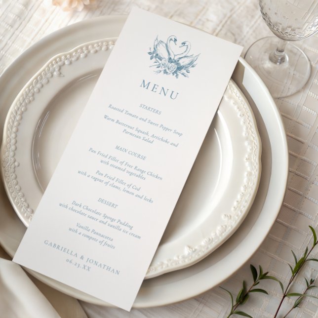 Vintage Blue Romantic Swans Wedding Menu (Subido por el creador)