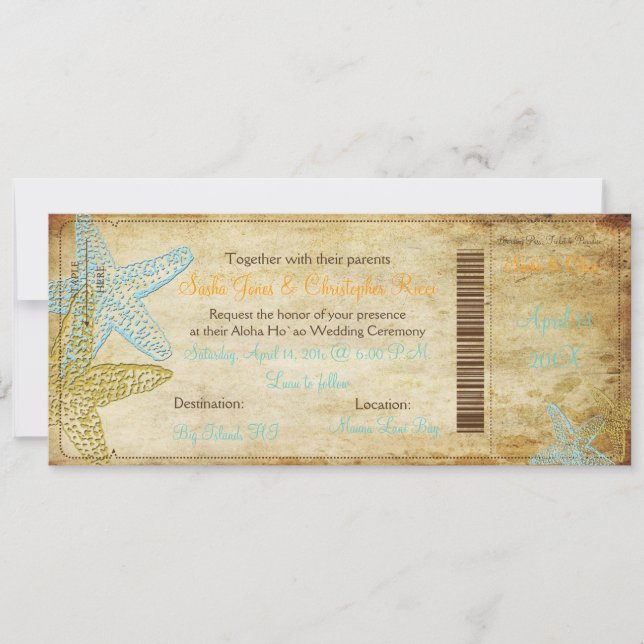 VINTAGE BLUE STARFISH BOARDING PASA INVITACIONES (Anverso)