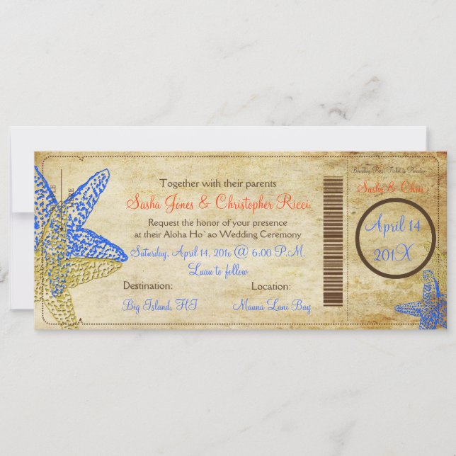 VINTAGE BLUE STARFISH BOARDING PASA INVITACIONES (Anverso)