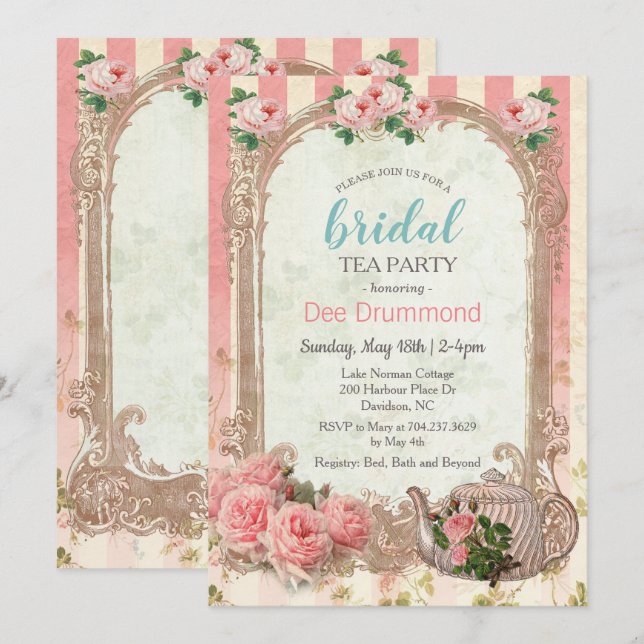 Vintage Bridal Shower Tea Party Invitación (Anverso / Reverso)