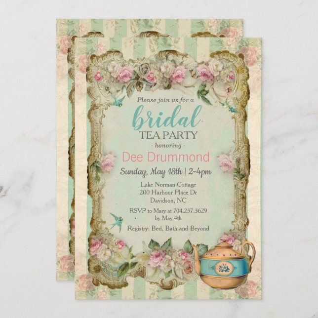 Vintage Bridal Shower Tea Party Invitación (Anverso / Reverso)