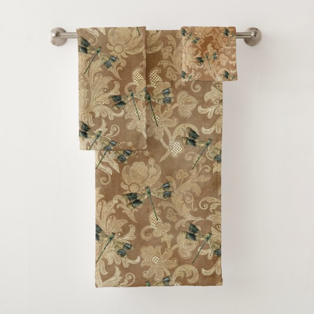 Vintage Brown Damask Floral Dragonflies (In situ)