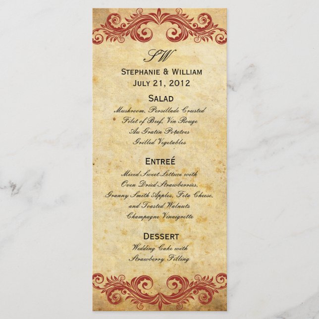 Vintage Burgundy Swirl Wedding Menú de recepción (Anverso)
