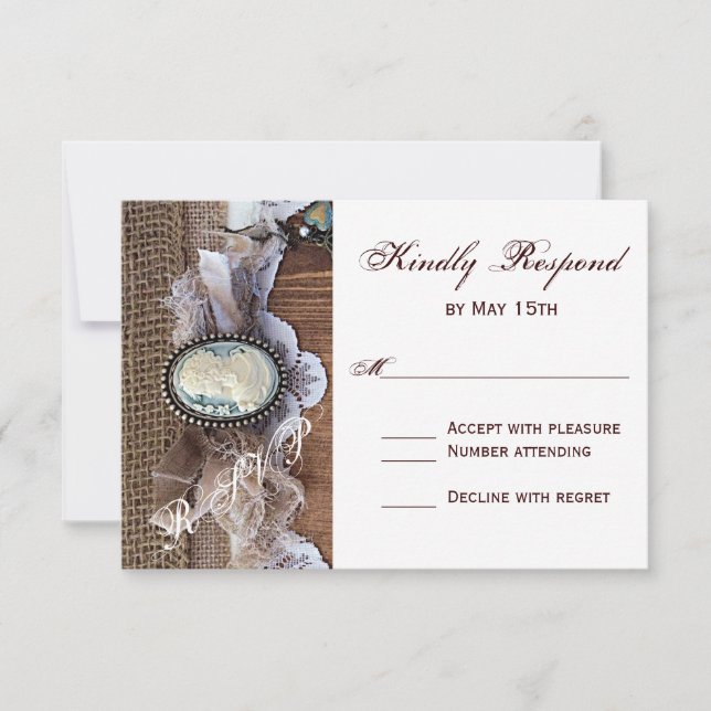 Vintage Cameo Key Burlap Wood Wedding Tarjeta RSVP (Anverso)