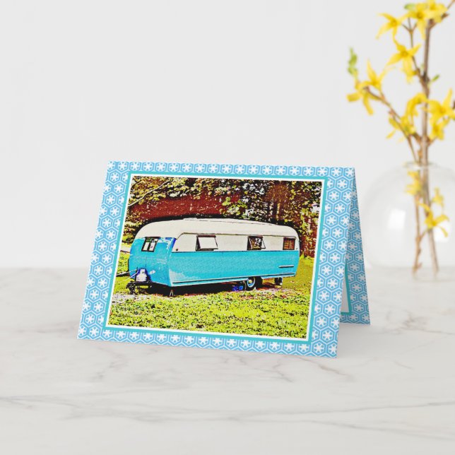 Vintage Camper Hola Amigo Tarjeta de Saludo (flor amarilla)