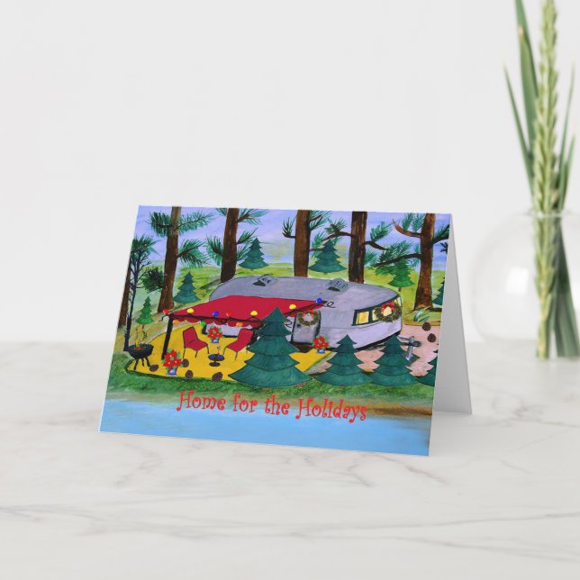 Vintage camper navideño junto al lago Tarjetas de  (Anverso)