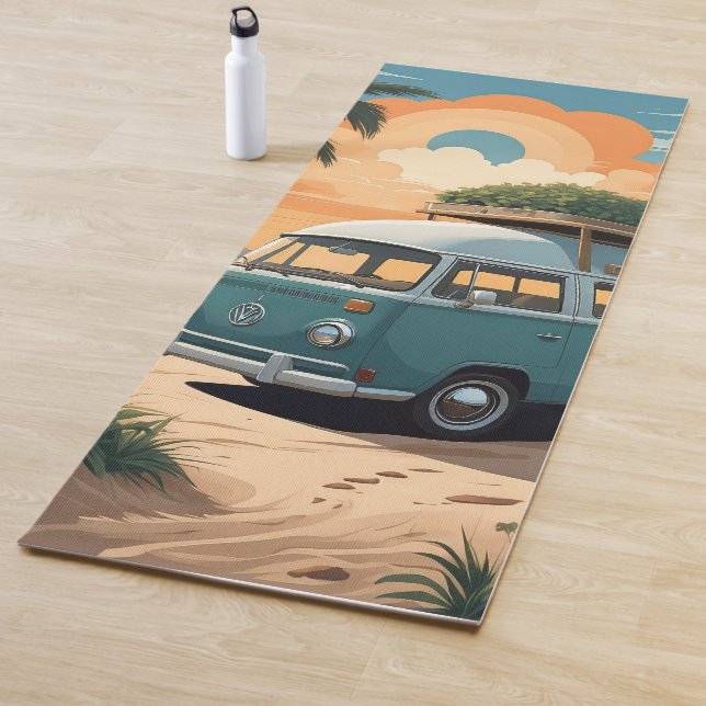 Vintage Camper Van Beach Illustration Yoga Mat (In situ)