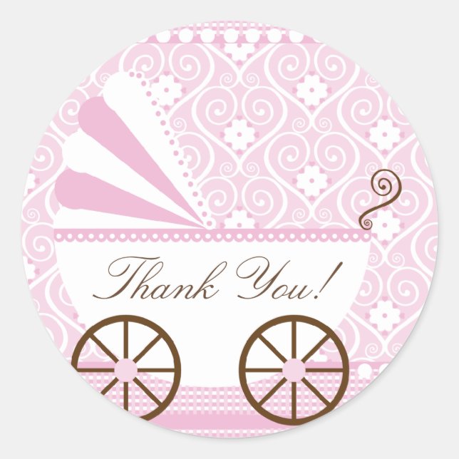 Vintage CarriageGracias Pegatina Baby Shower (Anverso)