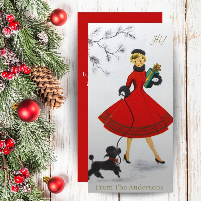 Vintage Chica de Navidad con Personalizado de cani (Vintage Christmas Girl With Poodle Custom Holiday Card. Add your name & a special message!)