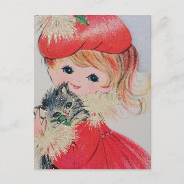 Vintage Chica de Navidad Holding Kitty (Anverso)