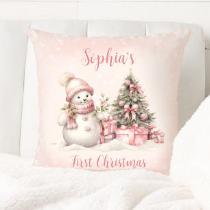 Vintage Chica de Snowman rosa primera almohada de