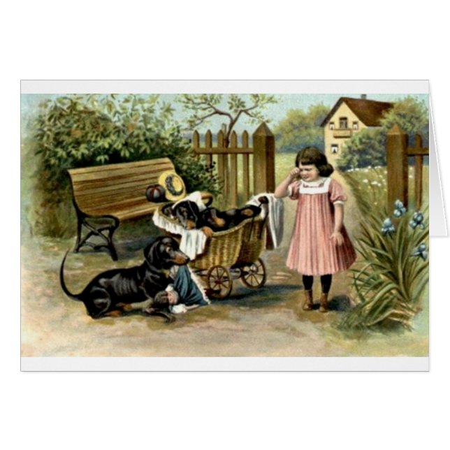 Vintage - chica y Dachshunds traviesos, (Anverso (Horizontal))