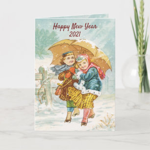 Vintage Chicas bajo paraguas en tarjeta de vacacio