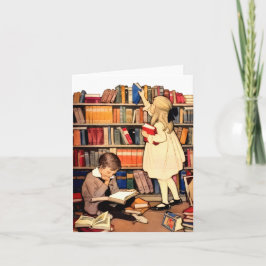 Vintage Children Reading Library Books Note Card