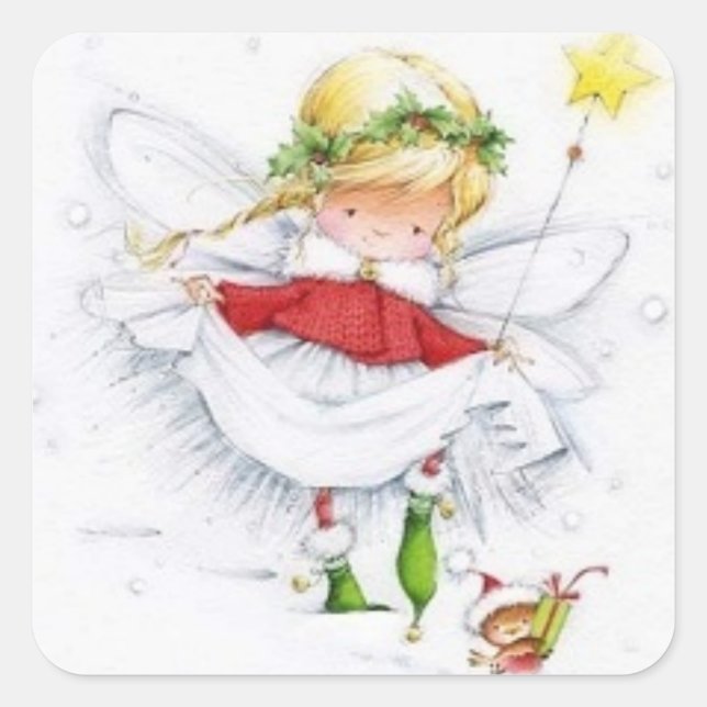Vintage Christmas Angel and Mouse Pegatina (Anverso)