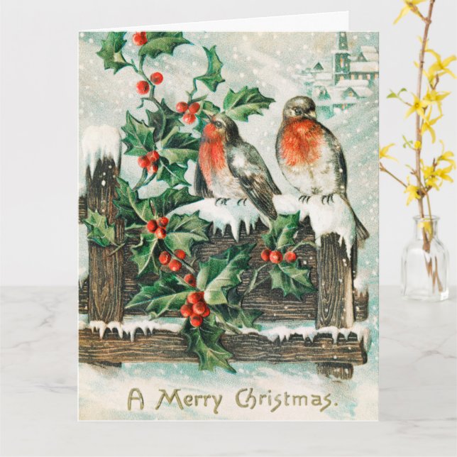 Vintage Christmas birds Tarjeta de vacaciones (flor amarilla)