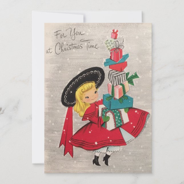 Vintage Christmas Chica trae regalos con tarjeta d (Anverso)