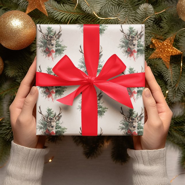 Vintage Christmas Deer & Red Bow | Papel de regalo (Subido por el creador)
