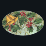 Vintage Christmas Holly Berries - Pegatina<br><div class="desc">Un bonito ilustracion vintage con una rama llena de bayas rojas y luminosas,  y dos campanas doradas colgadas de él.</div>