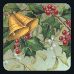 Vintage Christmas Holly Berries - Pegatina<br><div class="desc">Un bonito ilustracion vintage con una rama llena de bayas rojas y luminosas,  y dos campanas doradas colgadas de él.</div>