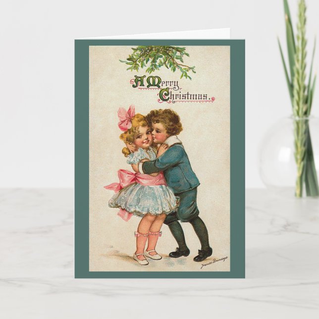 Vintage Christmas Mistletoe Kiss Tarjeta de saludo (Anverso)