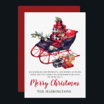 Vintage Christmas Red Sleigh Victorian Saludo<br><div class="desc">Elegante trineos antiguos de época,  rojos y negros,  con una ramificación de copos de nieve y regalos. La parte trasera de la tarjeta es roja. Elegante y clásico.</div>