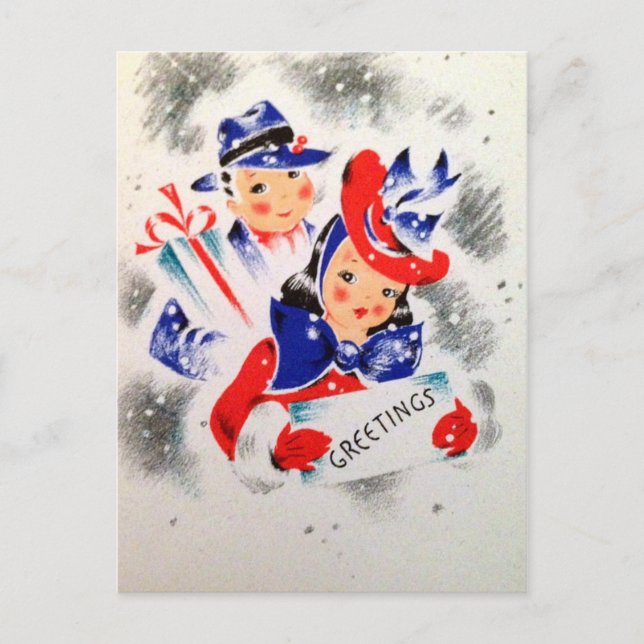 Vintage Christmas retro pair postal de vacaciones (Anverso)