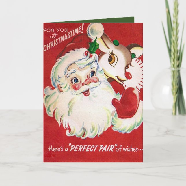 Vintage Christmas Santa Reindeer añadir tarjeta de (Anverso)