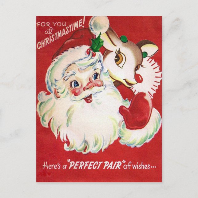 Vintage Christmas Santa Reindeer retro postal (Anverso)