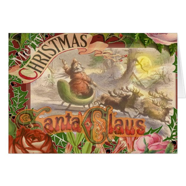 Vintage Christmas Santa Reindeer Sleigh (Anverso (Horizontal))