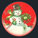 Vintage Christmas Snowman Pegatina<br><div class="desc">Vintage Pegatina de Snowman de Navidad. Esta es una maravillosa imagen de Navidades de los años 40.</div>