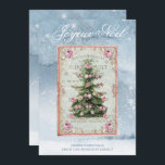 Vintage Christmas Tree Winter Snow Scene<br><div class="desc">A vintage Christmas tree label art illustration overlay on a watercolor winter snow scene background in deep soft blue and white. Snow scene on the back also. A seasonal card with a soft serene nature scene for a cozy homey vibe.</div>