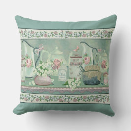 Vintage Cojín decorativo Verde azulado de té y Ros