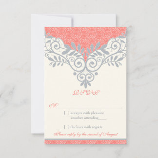 Vintage Coral Silver Gray Lace Wedding RSVP Respue