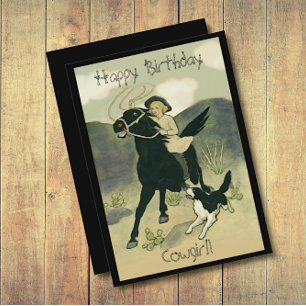 Vintage Cowgirl en caballo con tarjeta de cumpleañ