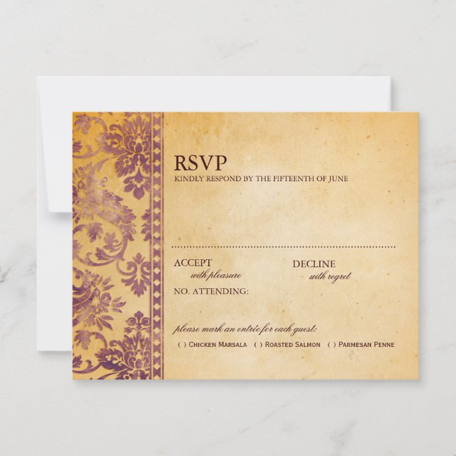 Vintage Cream & Lilac Damask Wedding RSVP (Anverso)