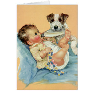 Vintage Cute Baby Boy con botella y cachorro
