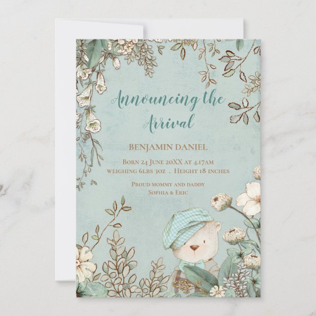Vintage Cute Bear Floral Baby Invitación (Anverso)