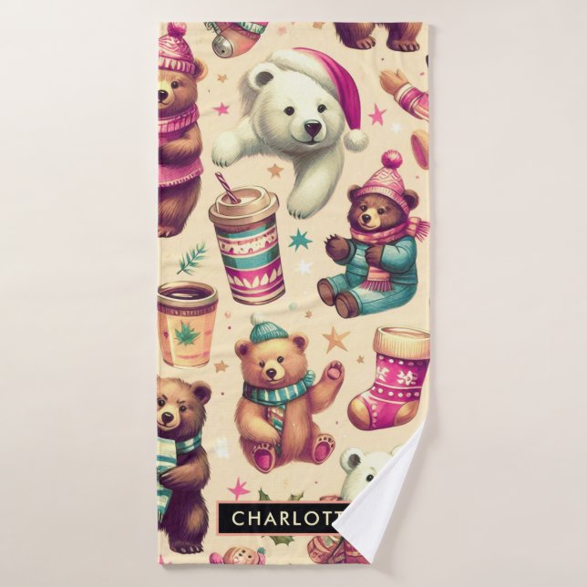 Vintage Cute Winter Teddy Bear Pattern (Toalla de baño)