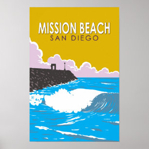 Vintage de arte de viajes de Mission Beach Califor