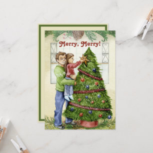 Vintage decorando el árbol de Navidad con papá