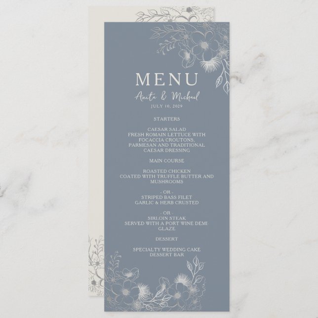 Vintage Dusty Blue Boda Menu (Anverso / Reverso)