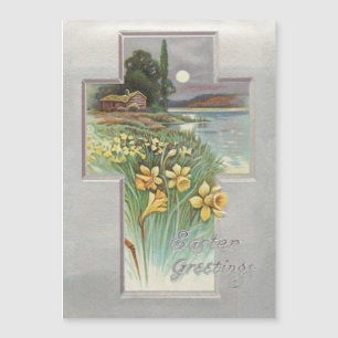 Vintage Easter Cross Rústico Paisaje con Daffodils
