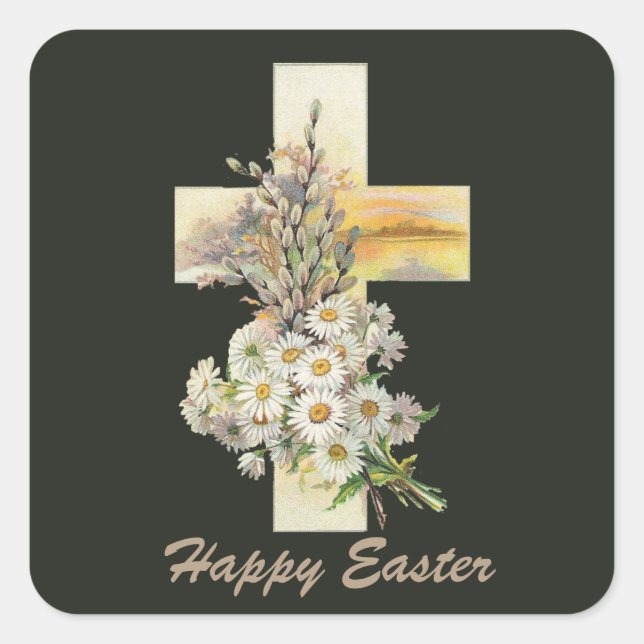 Vintage Easter floral Cross Holiday pegatina (Anverso)