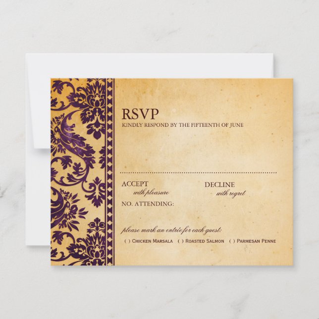 Vintage Eggplant Damask Lace Wedding RSVP (Anverso)