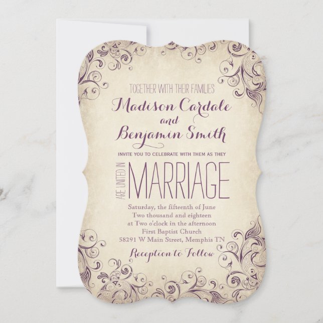 Vintage Elegant Purple Flourish Wedding Invitación (Anverso)