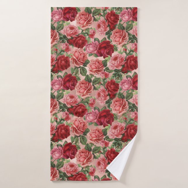Vintage Elegante Floral Roja Rosa en Oro Rosa Rosa (Toalla de baño)