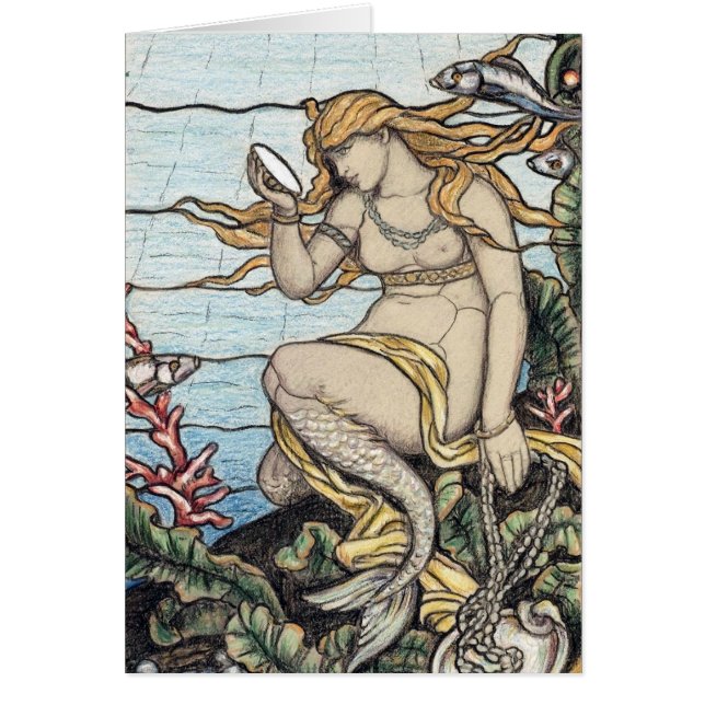Vintage Elihu Vedder Mermaid Vidrio Manchado (Frente)